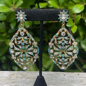 Gold & Blue Sparkly Rhinestone Dangle Statement Post Earrings Date Night Party